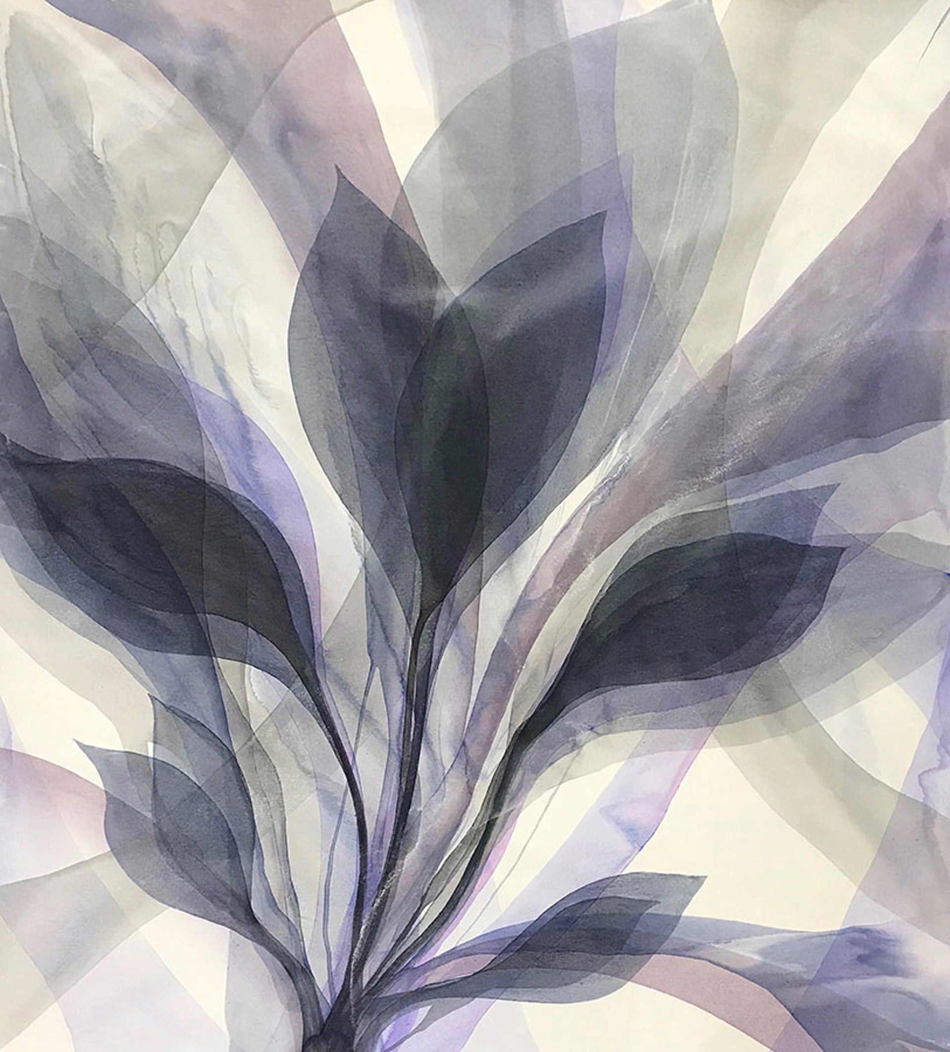 Abstract art of leaves in purple and gray on a light background